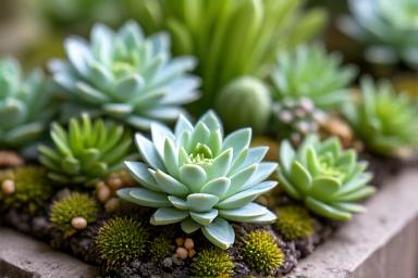 Pequeño arreglo floral tipo jardín con suculentas y flores pequeñas