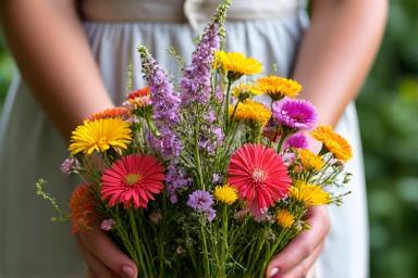 Manos organizando un ramo de flores silvestres frescas y variadas.