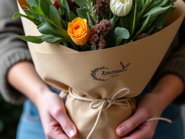 Primer plano de manos sosteniendo un hermoso ramo de flores envuelto en empaques de papel kraft ecológicos con una etiqueta de Zenzuna Blooms.